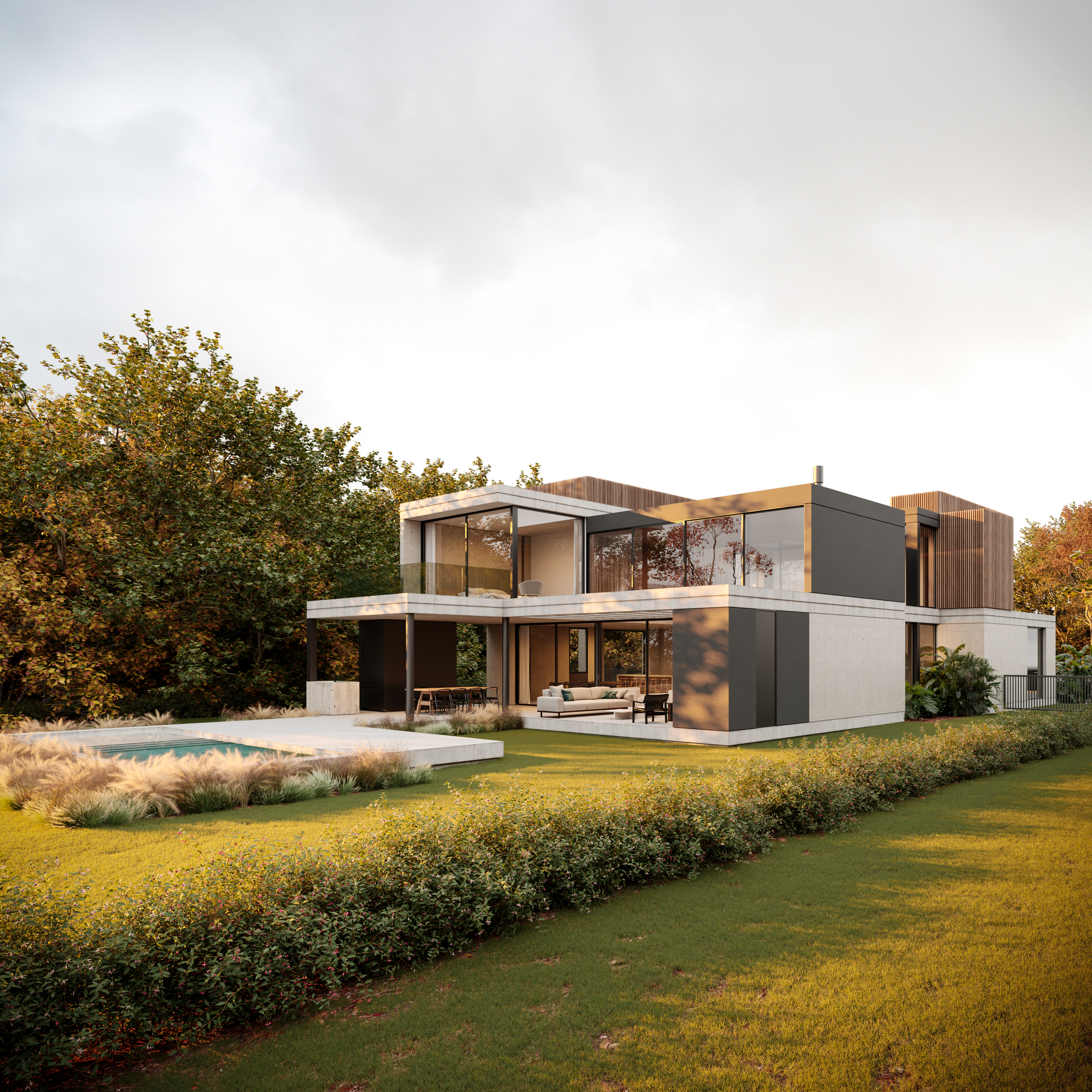 Fachada con hormigón y madera oscura casa Amarras