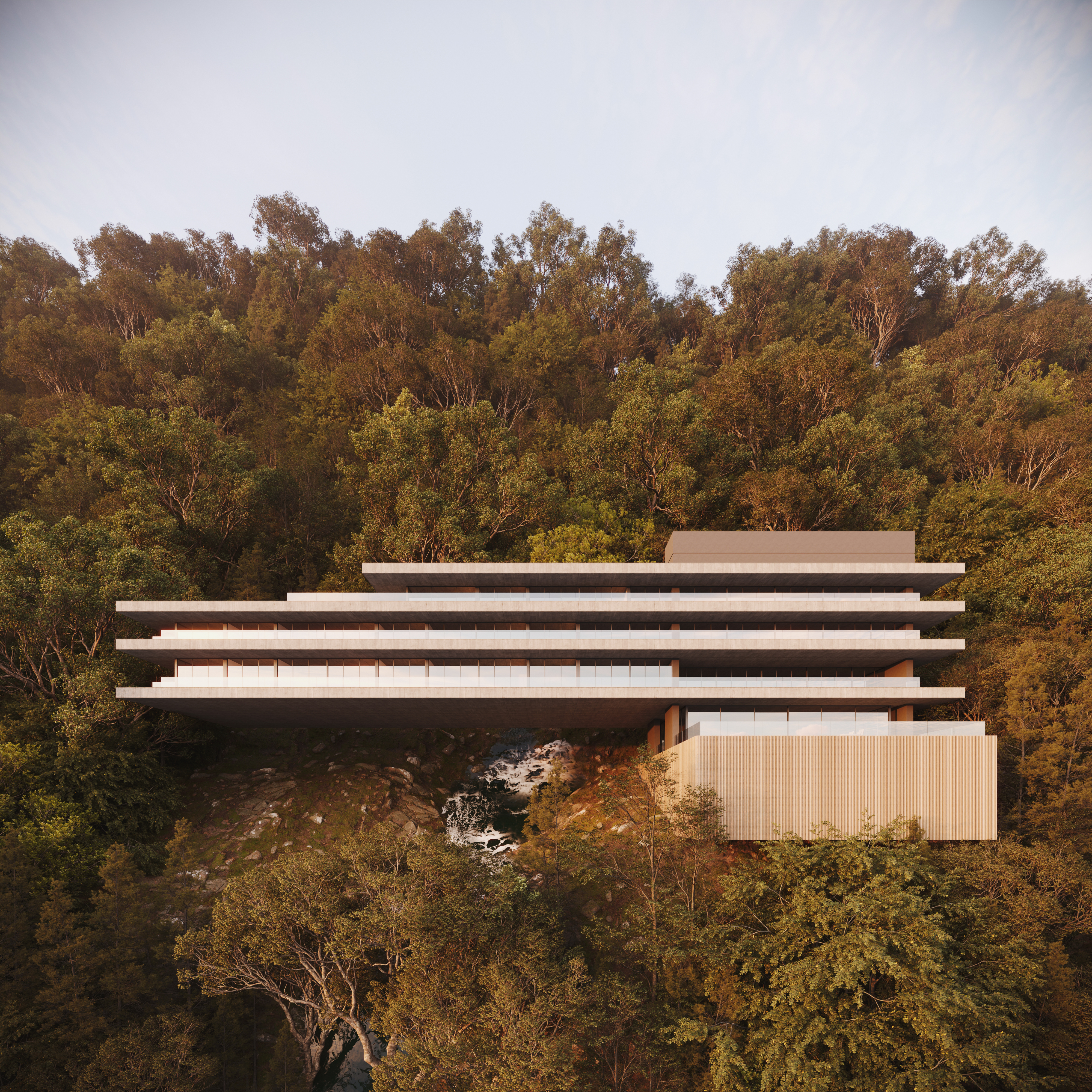 Vista exterior edificio residencial La Angostura, Patagonia