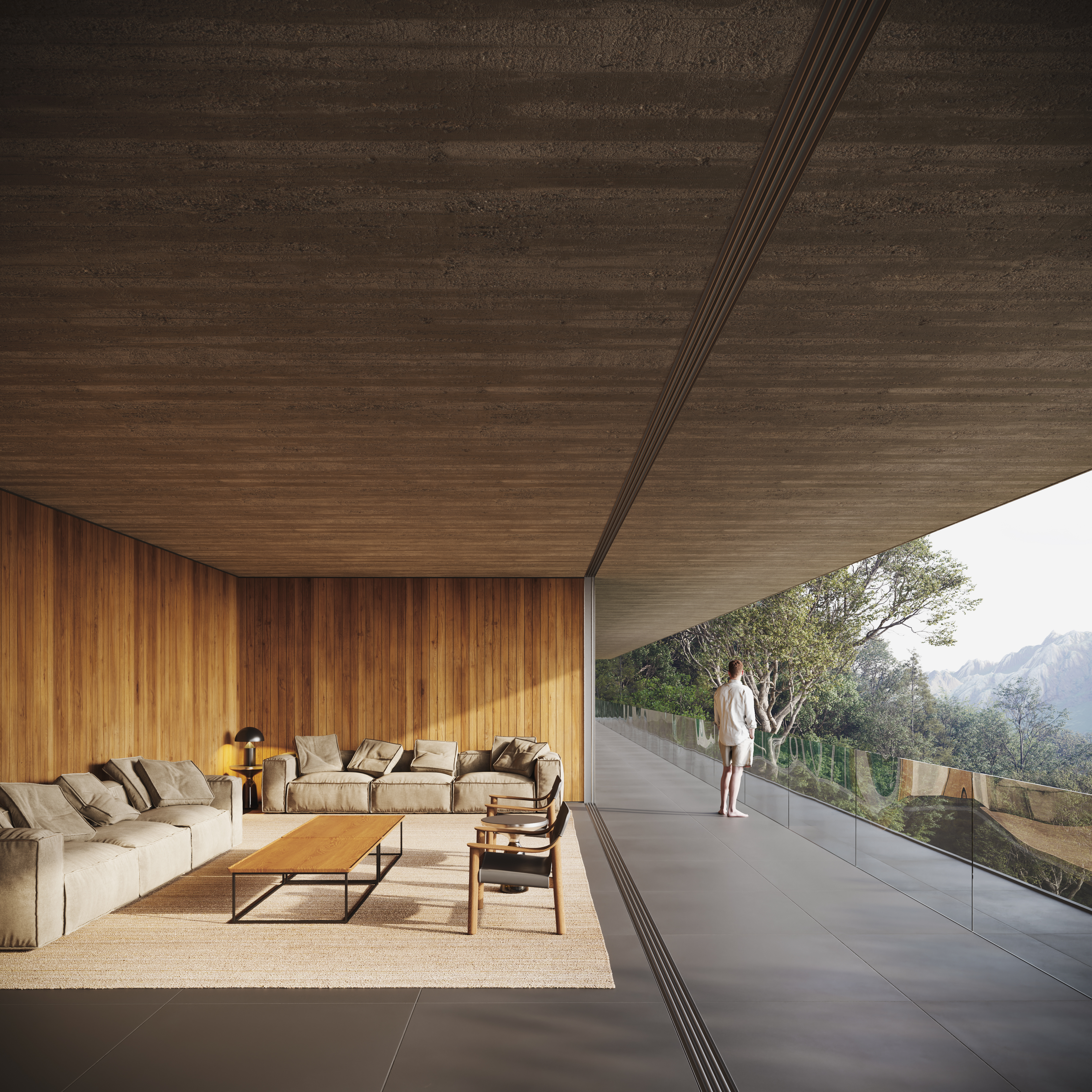 Detalle materialidad hormigón y madera, edificio La Angostura