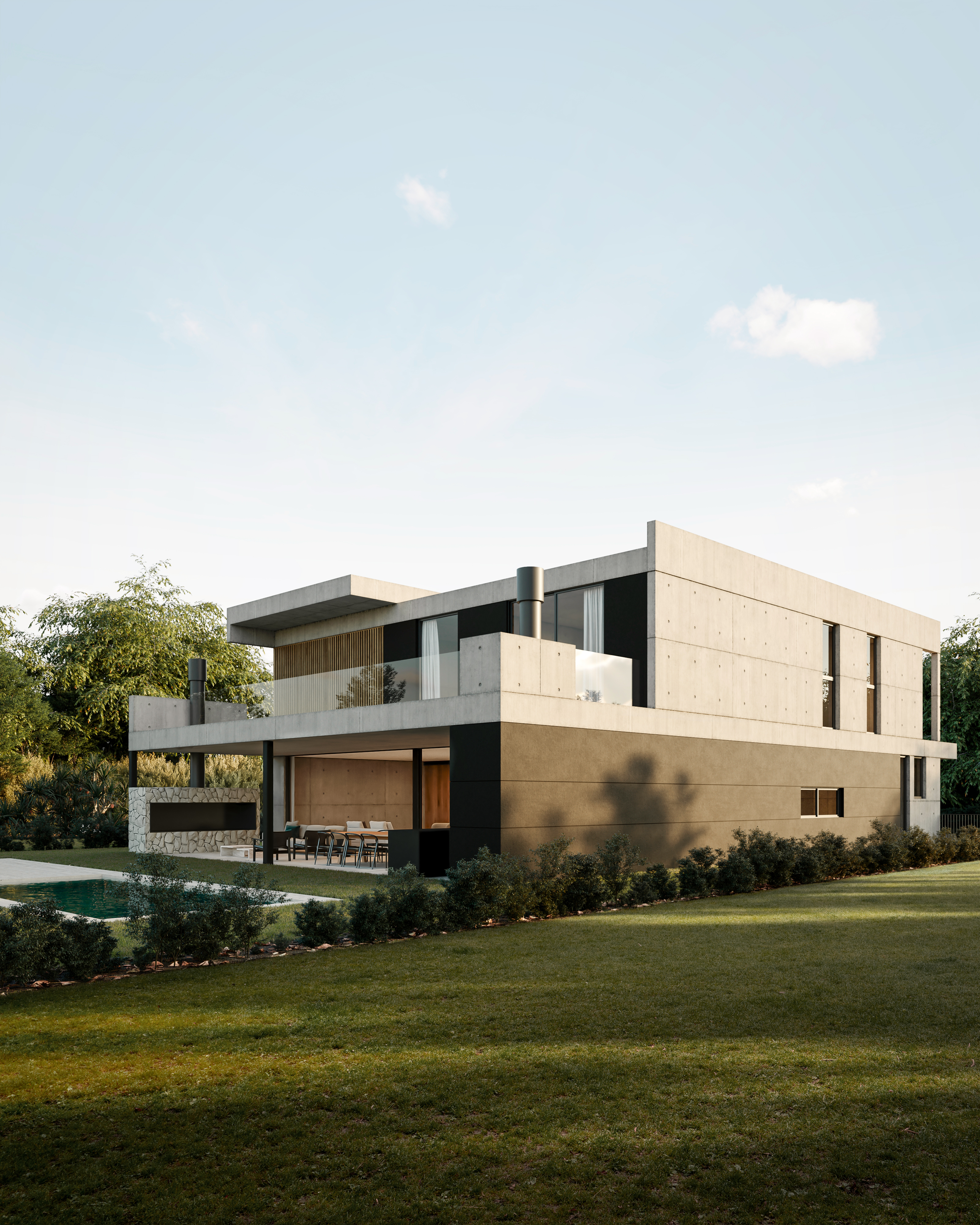 Fachada con hormigón y madera casa Cardales