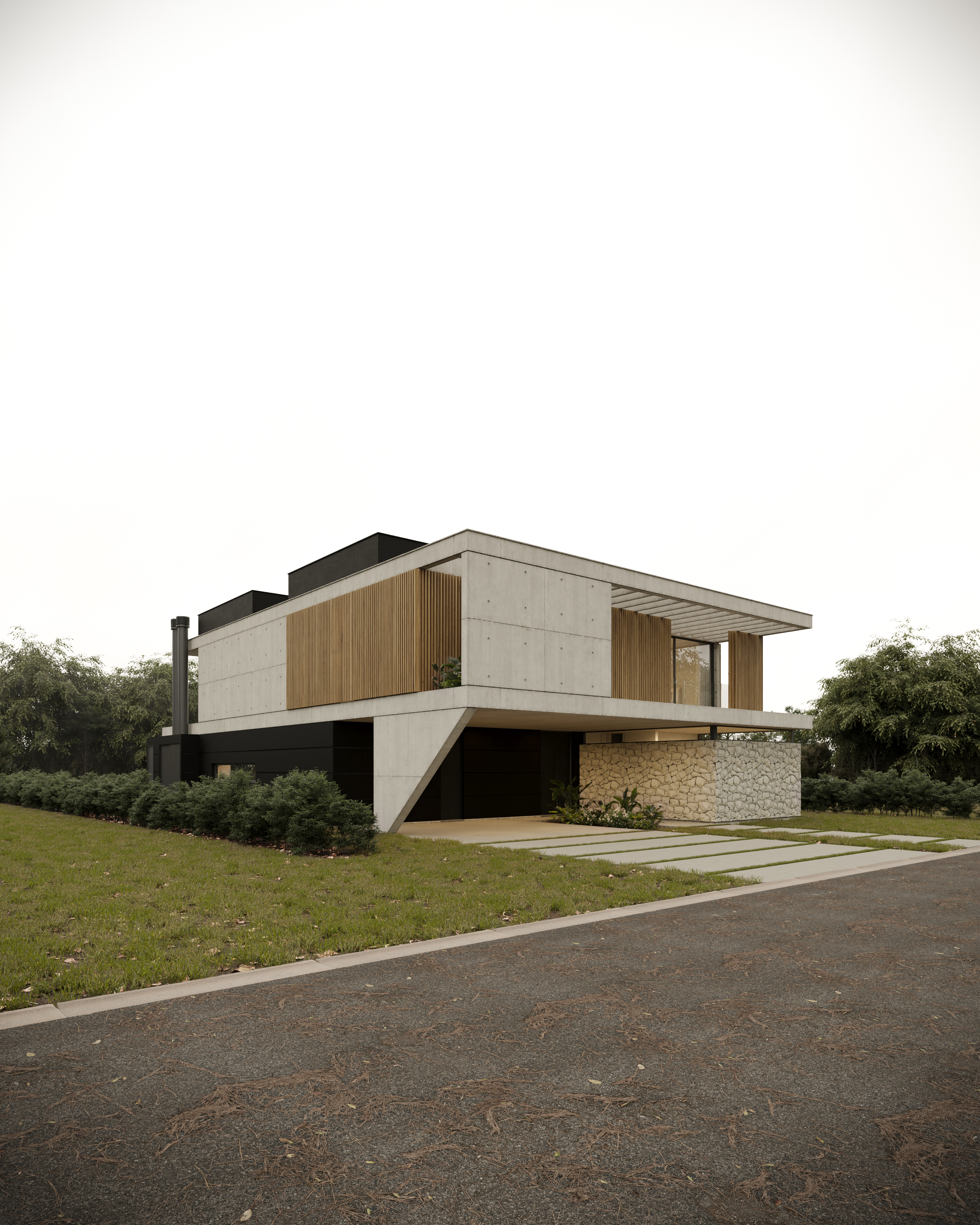 Fachada con piedra natural y parasoles de madera proyecto Islas