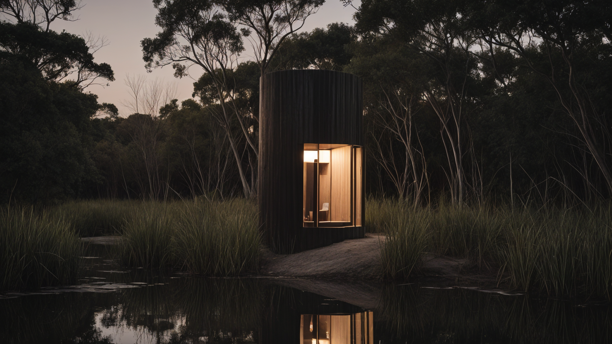 Vista exterior tiny house contemporánea en el Delta Buenos Aires